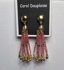 Carol Dauplaise Gold-tone Pink Beaded Fringe Tassel Drop Dangle Pierced Earrings