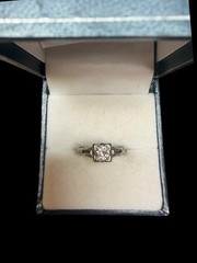 Signed Art Deco 18K White Gold .25ct Round Diamond Engagement Ring Size: 6