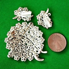 Enamel Flower Brooch Earrings Set Rhinestone Black White Vintage Clips