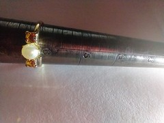 Gold Tone Adjustable Size 5-6 Ring Faux Pearl Amber Rhinestones + Free Gift