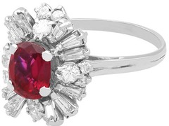 2.13Ct Thai Ruby and 1.56Ct Diamond 18k White Gold Cluster Ring Circa 1970