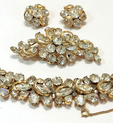 KRAMER NY Gold Tone Half Circle Clear Rhinestone Bracelet, Brooch & Earring Set