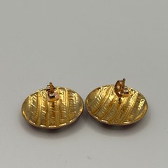 Vintage Red Cream Enamel Striped Gold Tone Round Stud Button Earrings Nautical