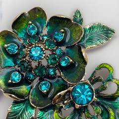 Vintage Signed Monet Peacock Green Enamel Floral Brooch Teal Rhinestones