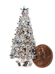 Vintage Silver Tone – Pink & Blue Rhinestone Christmas Tree Pin / Brooch