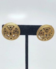 Vtg Crown Trifari Clip Earrings Round MCM Geometric textured gold tone signed