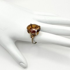 Vintage Cocktail Ring Faux Topaz Faceted Glass Brown Oval Stone Boho Chic Sz 6.5