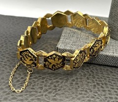 Vintage Damascene Gold Plated Hexagon Black Enamel Phoenix Bird Bracelet 7.25”