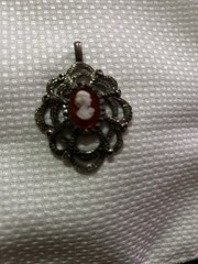 Cameo Pendant Oval Red & White Profile in small faceted marcasite style accents