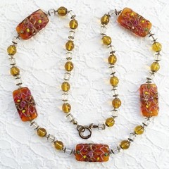 Vintage 1940s Venetian Wedding Cake Art Glass Bead Necklace Topaz Amber 25in