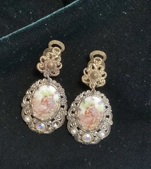 Vintage Porcelain Filigree Courting Couple Art Brooch and Earrings Set