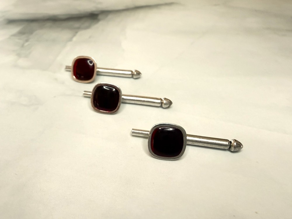 3 Swank Vintage Art Deco Cherry Red Silver Tone Button Links FREE SHIPPING