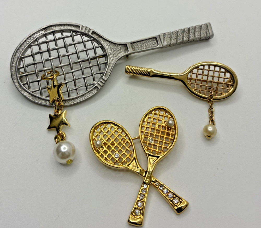 Vintage Tennis Brooch Pin Lot Avon Sports Racket Faux Pearl Gold Silver Tone 3