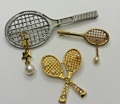 Vintage Tennis Brooch Pin Lot Avon Sports Racket Faux Pearl Gold Silver Tone 3