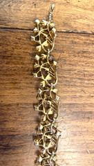 Vintage Gold Tone Floral Bracelet/Coral Color Beads/Red and Green Rhinestones