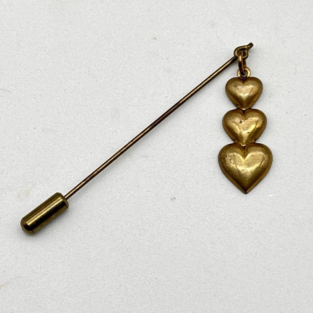 Vintage Puffy Heart Stick Pin Gold Tone Triple Cascade Dangle