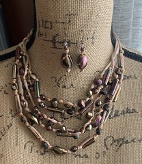 Czech Glass bead necklace Earring Set jewelry Knotted Geometric Silk