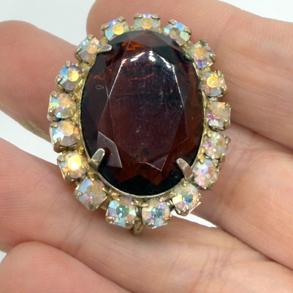 Vintage Brooch Brown Glass Cabochon Center AB Rhinestone Frame 1.25 Inches