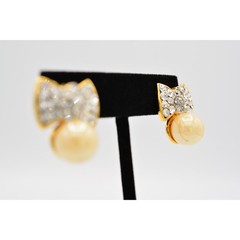 Vintage Crystal Bow Earrings Rhinestone Crystal Pearl Gold Tone 1990s 90s BinAG