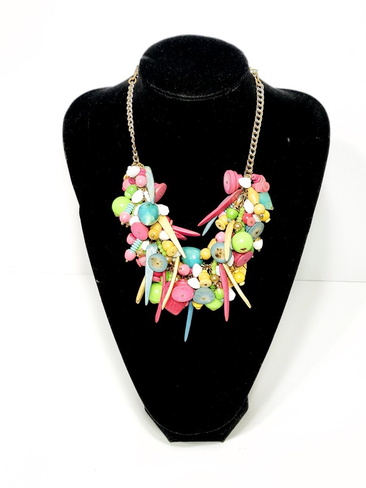 Vintage Festive Colorful Chunky Beaded Plastic & Wood Statement Charm Necklace