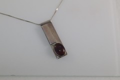 Vintage MCM Studio Artisan Cabochon Amethyst Pendant on Chain Sterling Silver