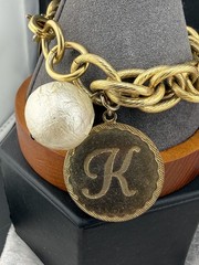 Vintage Maximal Art Charm Bracelet Initial K Coin Faux Pearl John Wind 7.5″