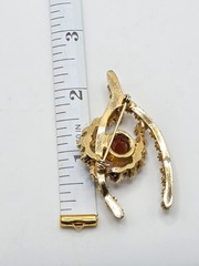Vintage Goldtone Red AB, Art Glass, And Faux Pearl Brooch And Earring Set