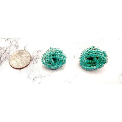 Vintage Aqua Glass Bead Cluster Stud Earrings Coiled Beaded Rosette 3/4″