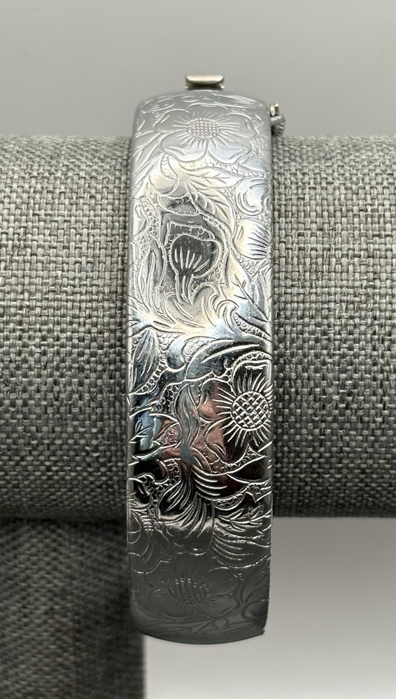 VTG Hinged Bangle Bracelet Floral Silver Tone Engraved Foliage Safety Chain 7”