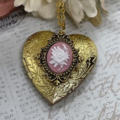 Gold Heart Locket Birthday Anniversary Wedding Pink White Rose Cameo Necklace