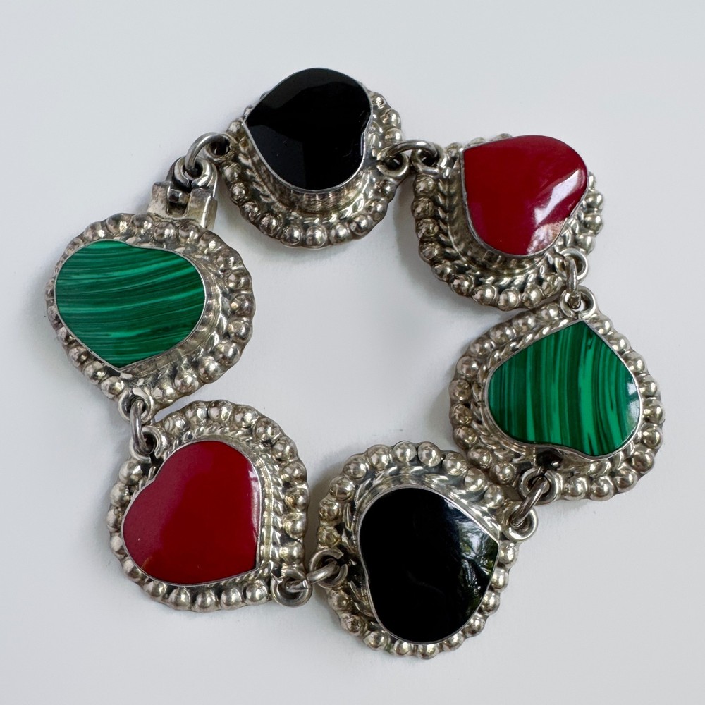 Vintage Taxco Sterling Silver 925 Heart Link Bracelet Red Black & Green Enamel