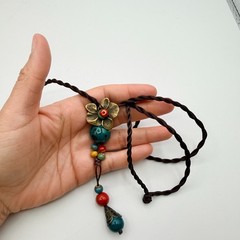 Vintage 90s Flower Pendant Necklace Glass Beads Brown Silk Cord Boho Jewelry
