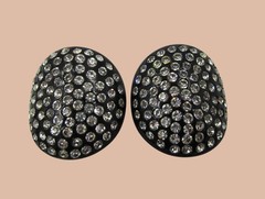 Large Black Lucite Flush Set Rhinestone Clip Earrings Mid-Century Vintage