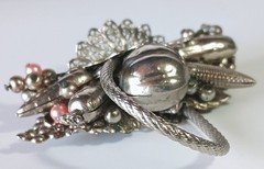 Unusual Ornate Silver-tone Vintage Harvest Veggie & Fruit Basket Brooch