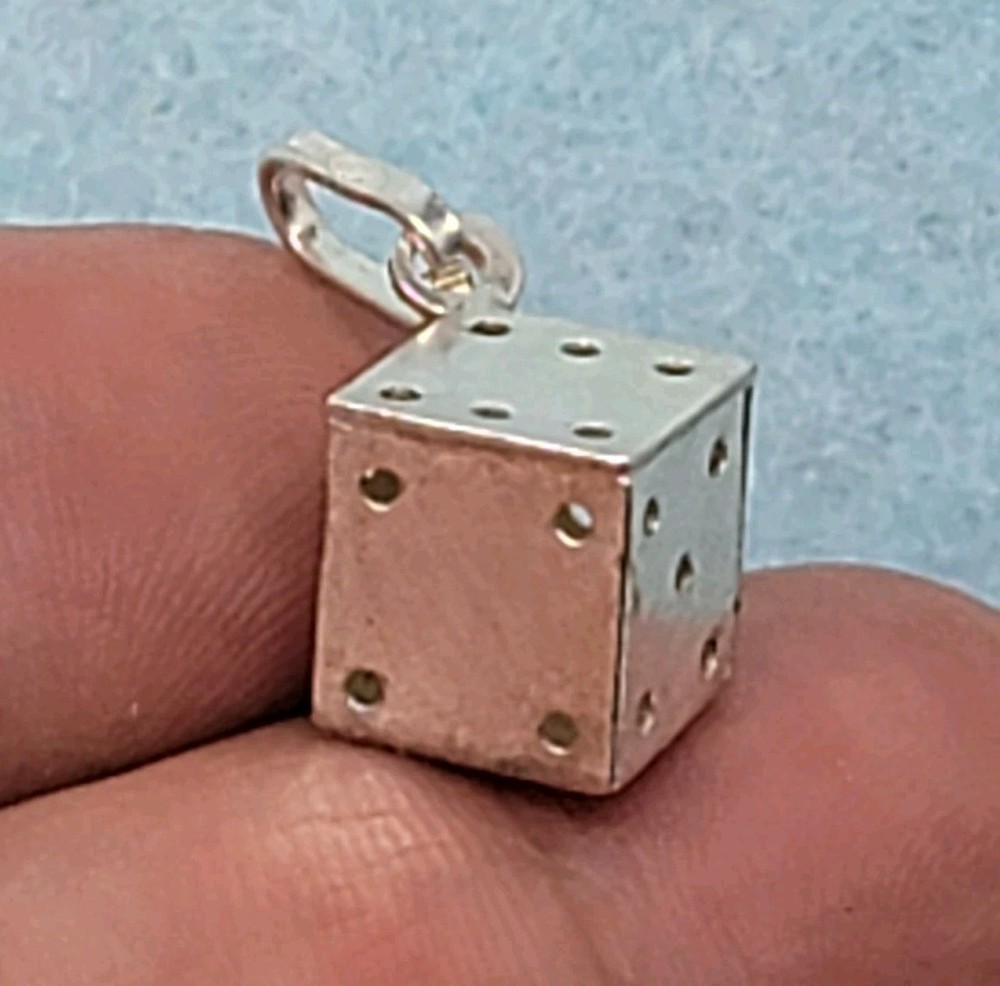 Vintage Sterling Silver 3D Dice Charm Pendant 925 Cube