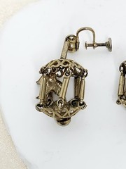 Pair Vintage Gold Tone Dangle Screw-Back Bird Cage Earrings