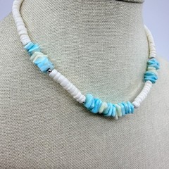 Vintage Silver Tone Turquoise Color Heishi Bead Necklace Shell Chip Strand Boho