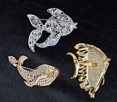 Lot of 3 Black Enamel Blue Rhinestone Fish Whale Brooch Nautical Sea Life Beach