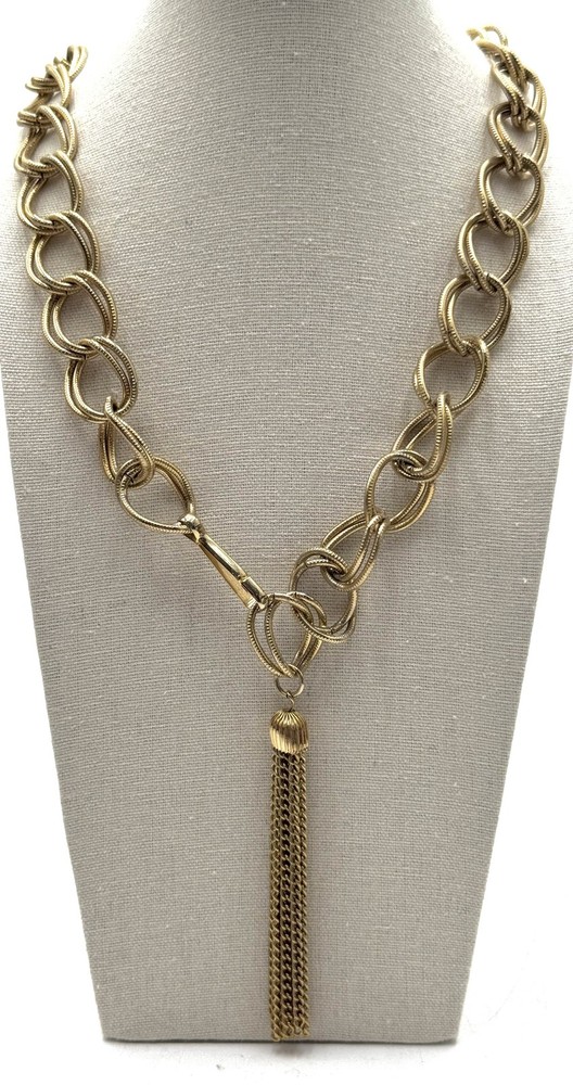 Vintage Gold Tone Statement Chain Necklace Large Oval Links Tassel Pendant 21in