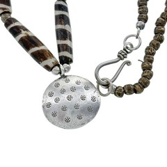 Vintage Sterling Silver African Batik Bone Beaded Necklace with Pendant 19.5″