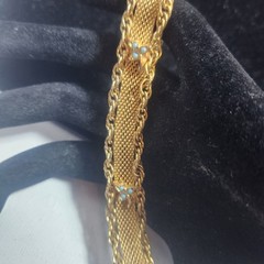 Vintage Gold Tone Mesh and Rope Chain Bracelet Blue Stone Accents 6.25 Inch