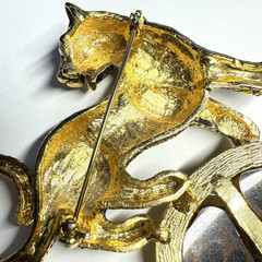 Vintage LEOPARD Cat BROOCH – Inset Enamel Molded Cabochon & AB RS – Gold plating