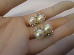 Vintage JOMAZ Earrings Double Faux Mabe Pearl Silver-tone Crystal Accents Signed