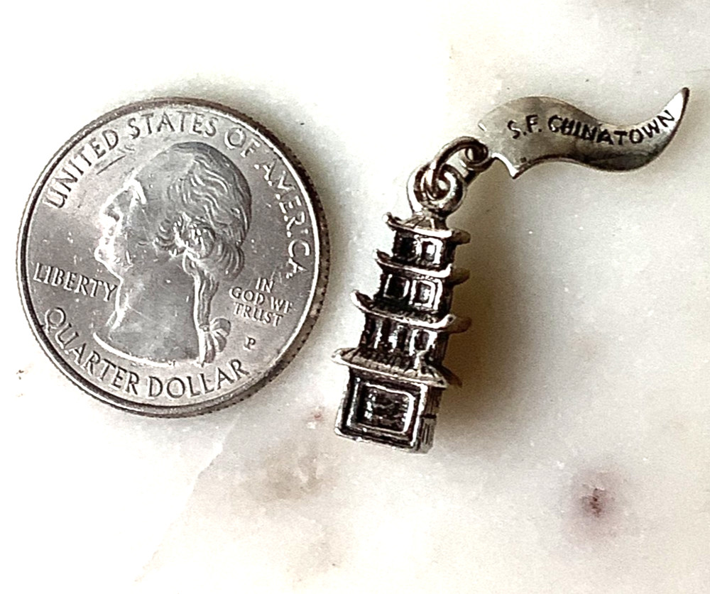 Vintage Chinatown Charm San Francisco Pagoda Nickel Silver Pendant Signed