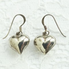 Vintage 3-D Puffy HEART Drop Dangle Pierced Earrings 925 Sterling Silver 1 1/8”