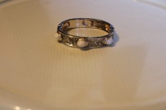 Vintage Silver Tone Cuff Bracelet, floral Vines, White Stones, Magnetic Clasp