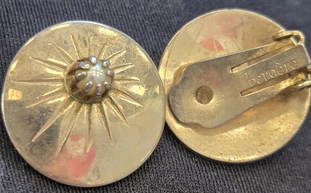 Bergère Signed Vintage Gold Tone Sunburst Faux Pearl button style Clip Earrings