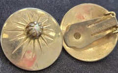 Bergère Signed Vintage Gold Tone Sunburst Faux Pearl button style Clip Earrings