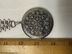 Vtg Victorian Revival Silver Tone Book Chain Locket Pendant Necklace Dbl Sided