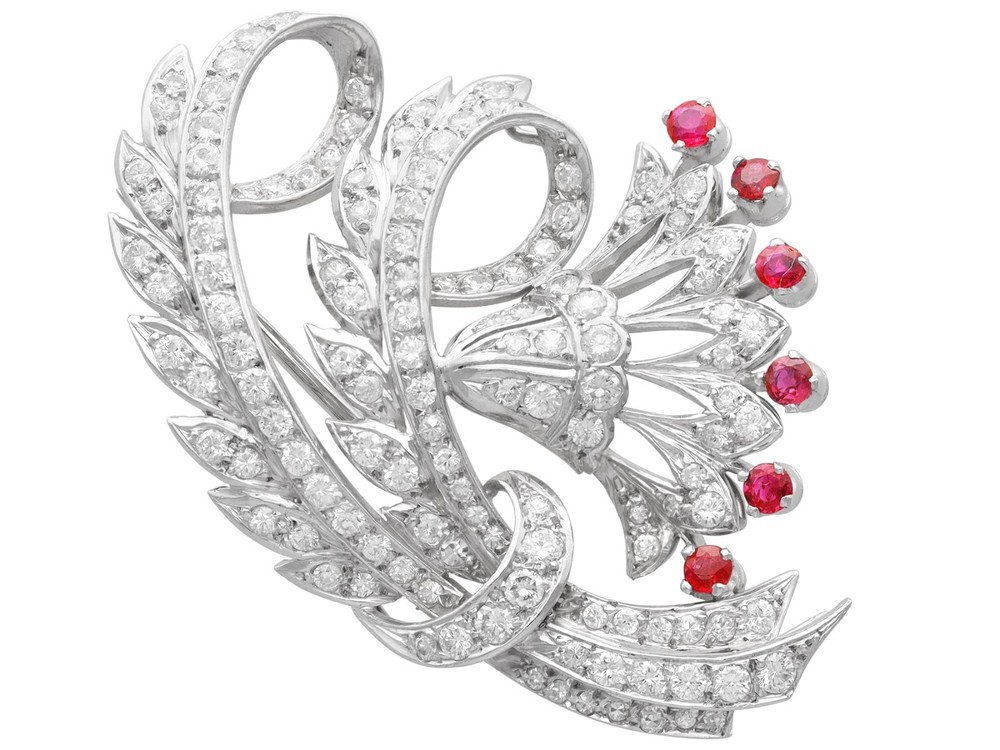 Vintage 4.65Ct Diamond and 0.24Ct Ruby Platinum Floral Brooch Circa 1950